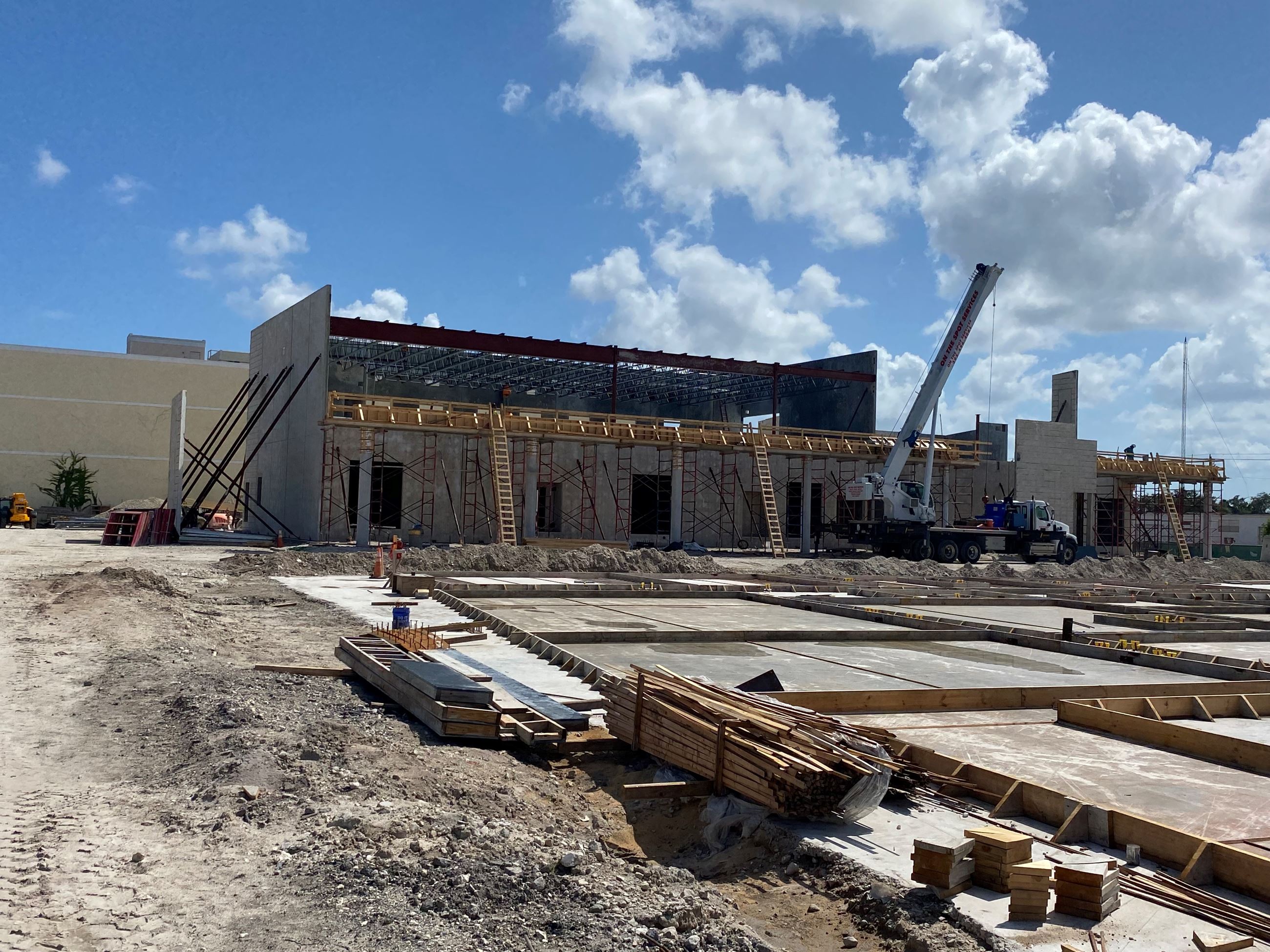 Photo of the Public Works Complex under construction showing new walls and operations building 