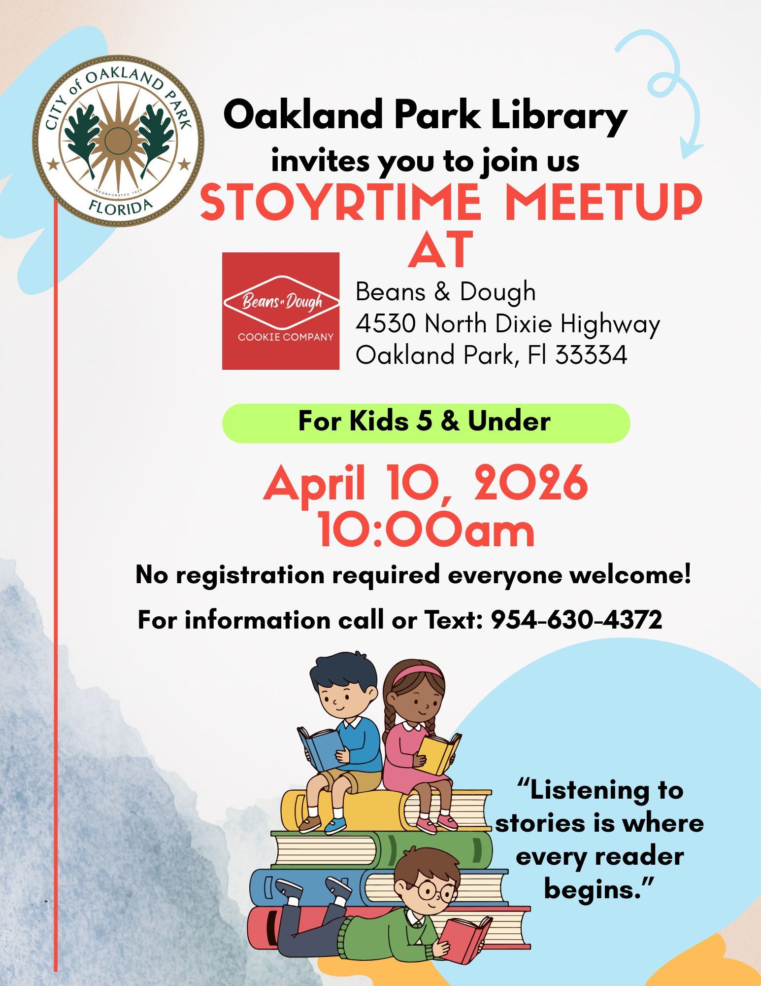 stoyrtime reading at store Beans & Dough children 5 & under